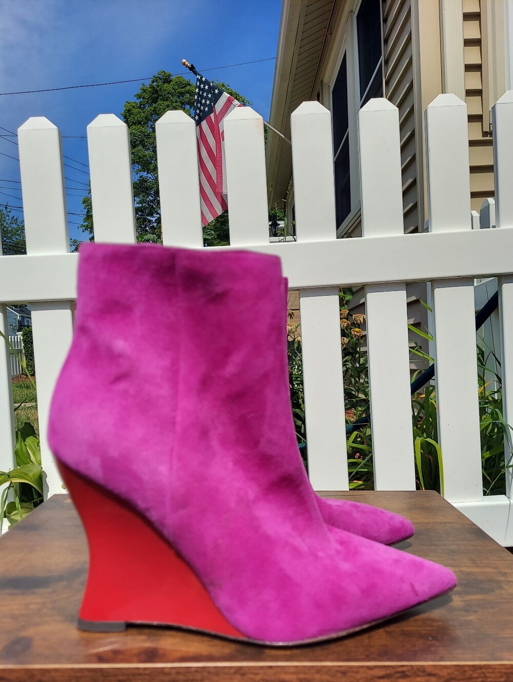 Tory Burch 98mm Sculpted Magenta Suede Wedge Ankle Boots Women Size 7 Leather